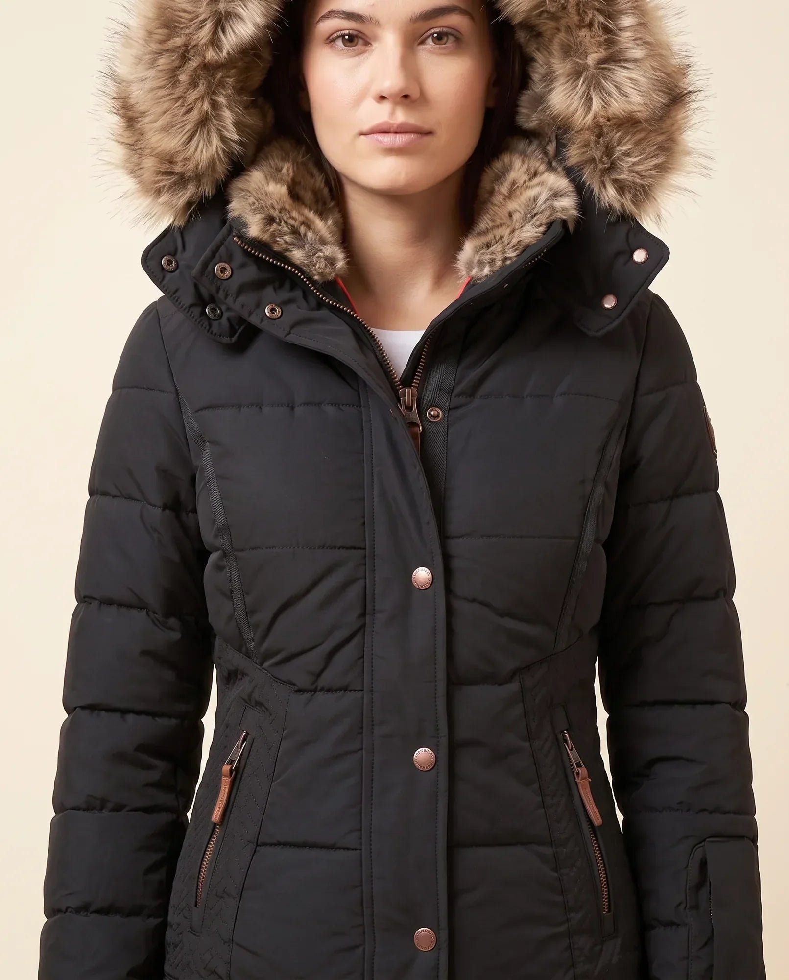Women's Hooded Quilted Zip-Up Winter Jacket | Iris in Beige - Juana Fashion