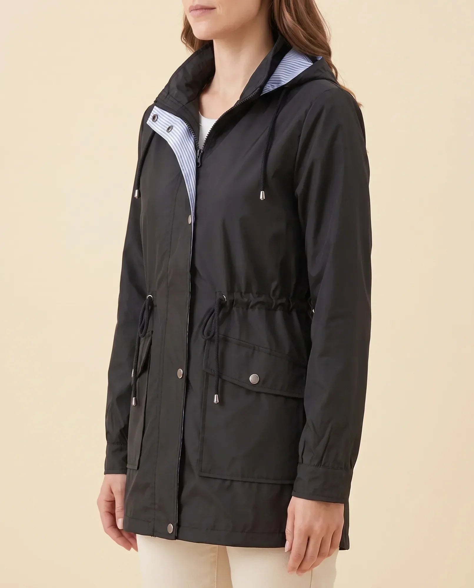 Women's Long Water-Repellent Hooded Trench Coat | Mira in Black - Juana Fashion