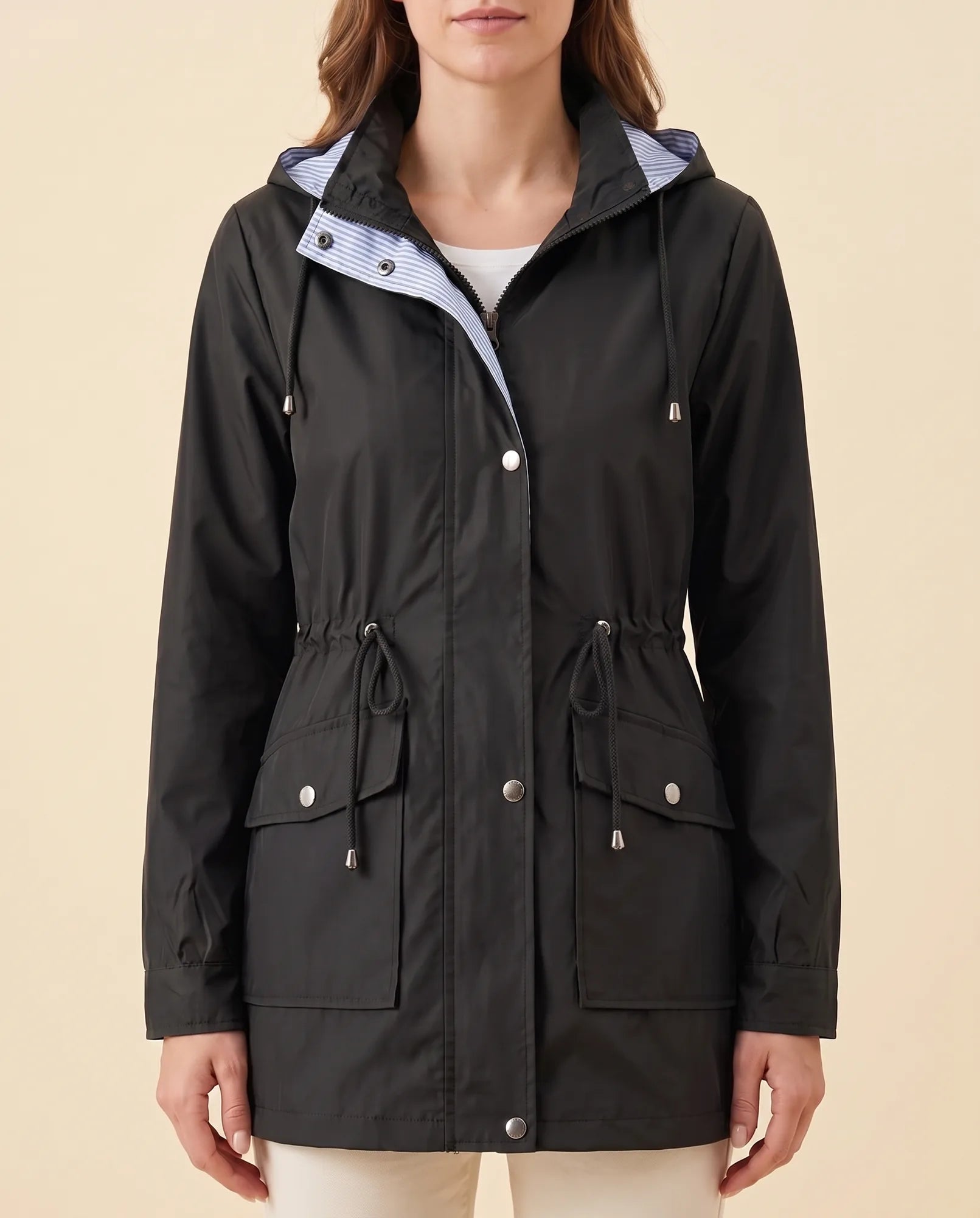 Women's Long Water-Repellent Hooded Trench Coat | Mira in Black - Juana Fashion