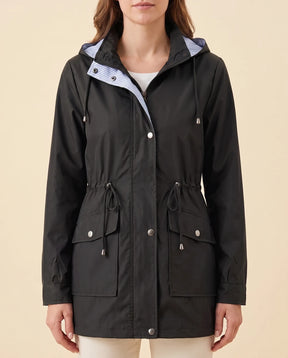 Women's Long Water-Repellent Hooded Trench Coat | Mira in Black - Juana Fashion