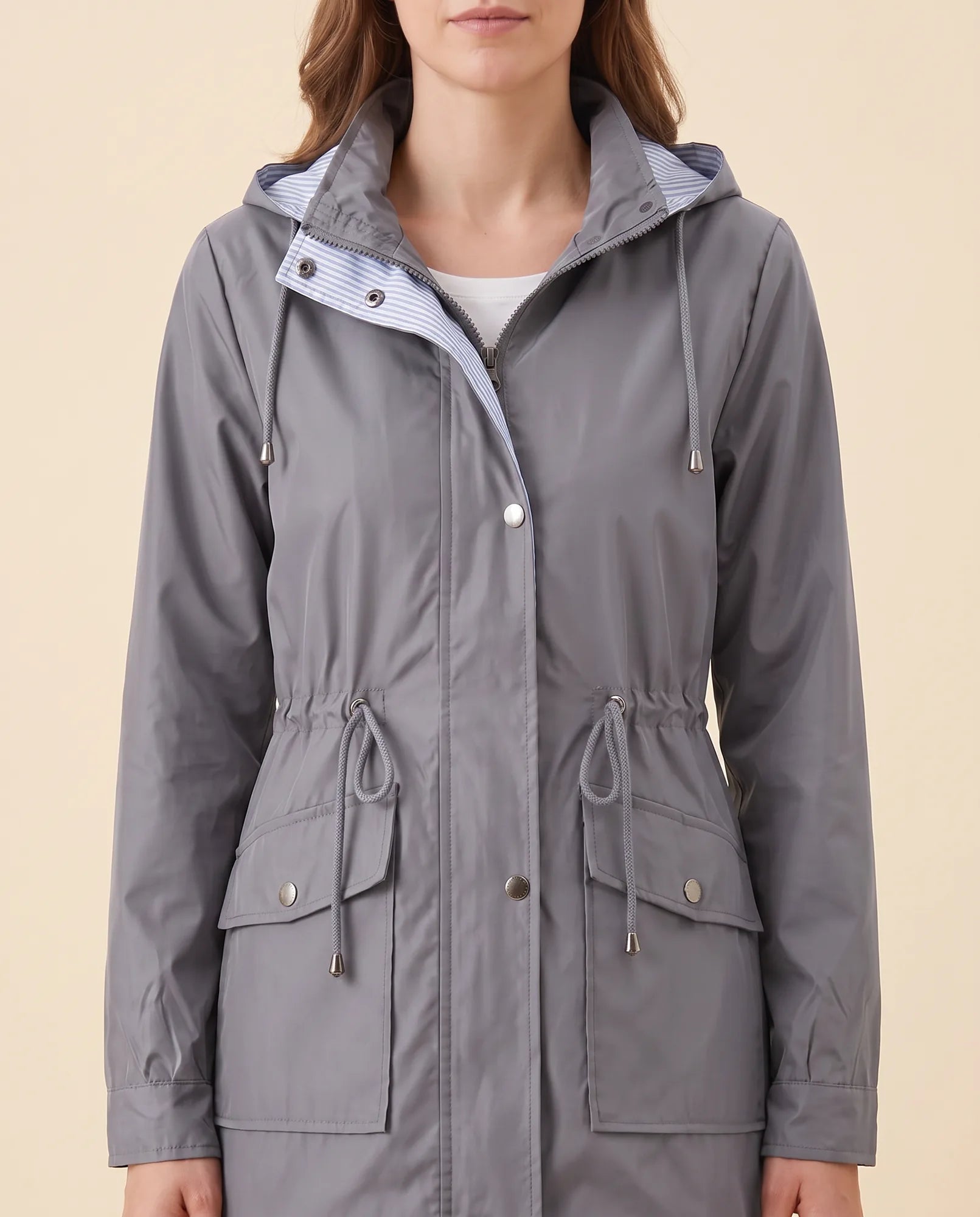 Women's Long Water-Repellent Hooded Trench Coat | Mira in Blue - Juana Fashion