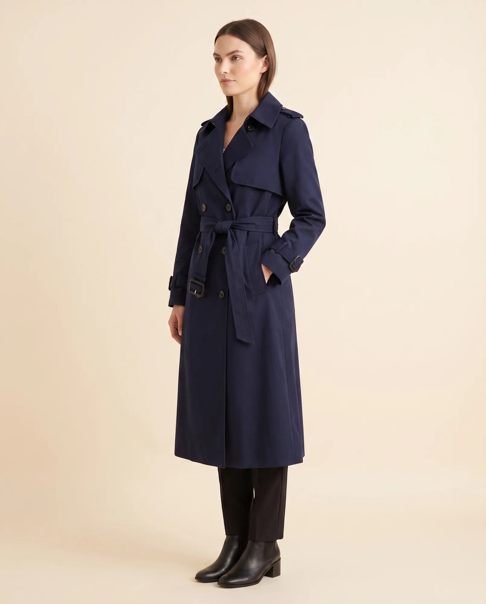Women's Long Belted Double-Breasted Trench Coat | Nell in Blue - Juana Fashion
