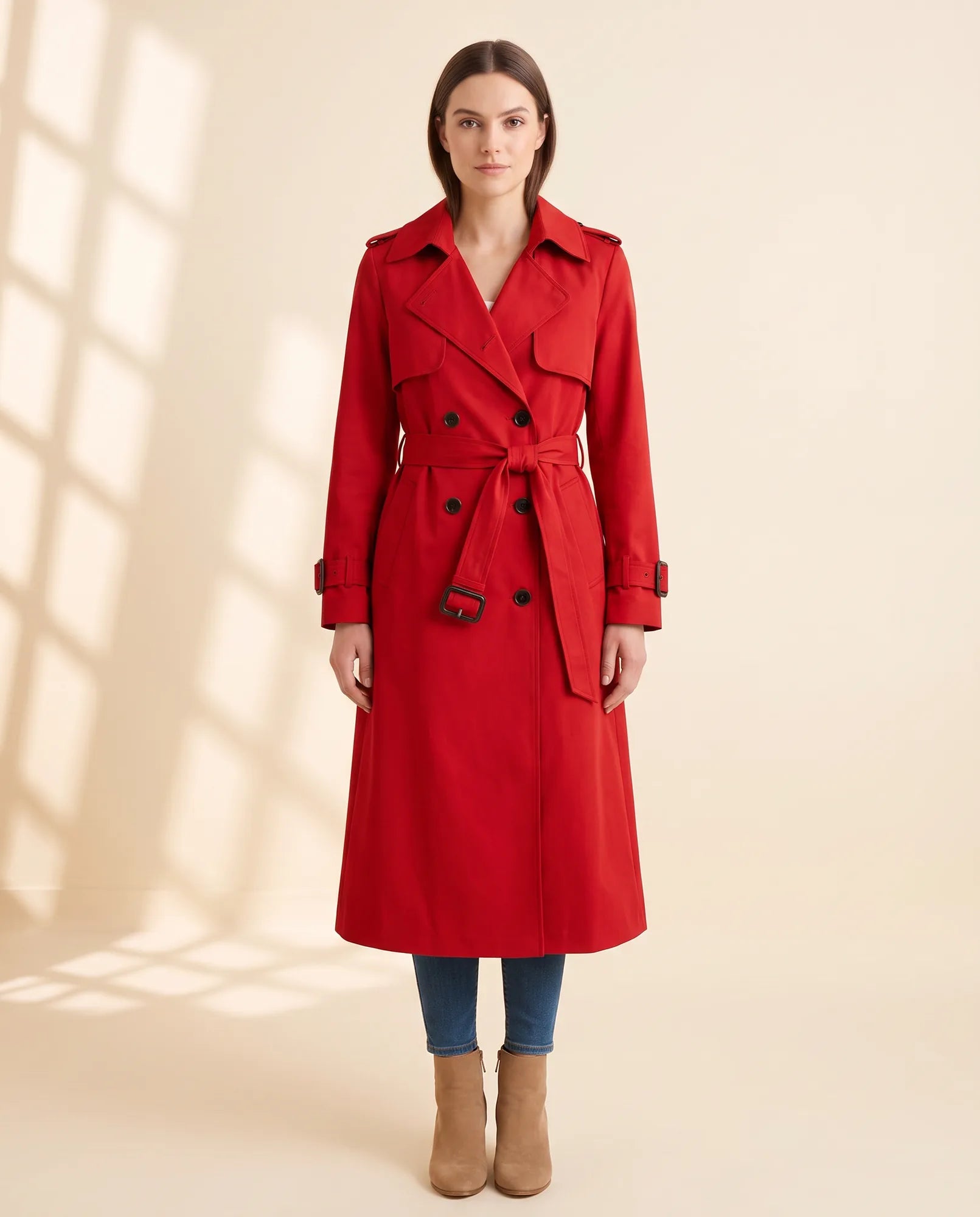 Women's Long Belted Double-Breasted Trench Coat | Nell in Beige - Juana Fashion