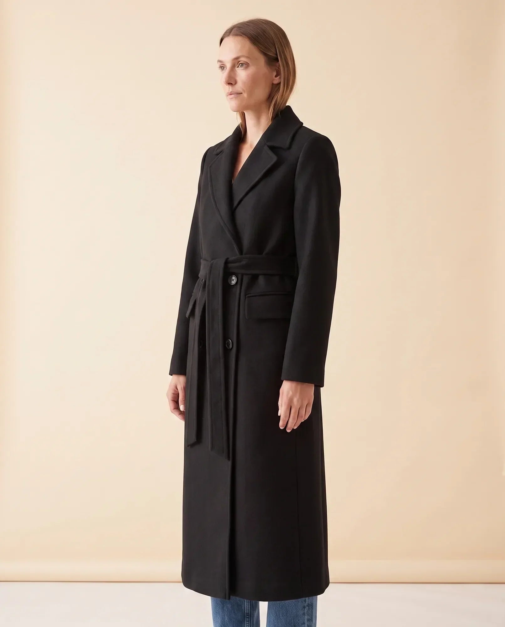 Women's Long Belted Double-Breasted Coat | Quinn in Black - Juana Fashion