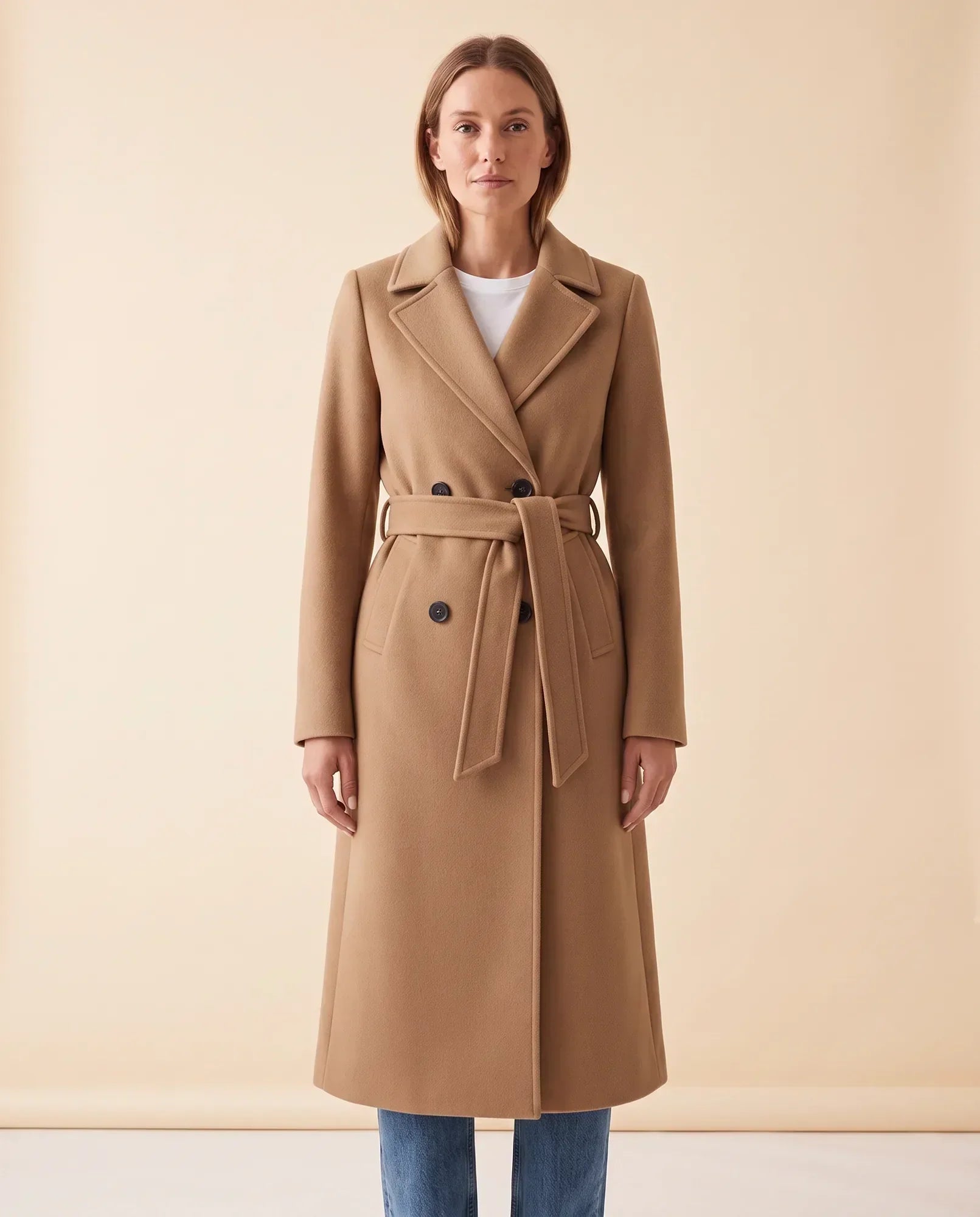 Women's Long Belted Double-Breasted Coat | Quinn in Cream - Juana Fashion