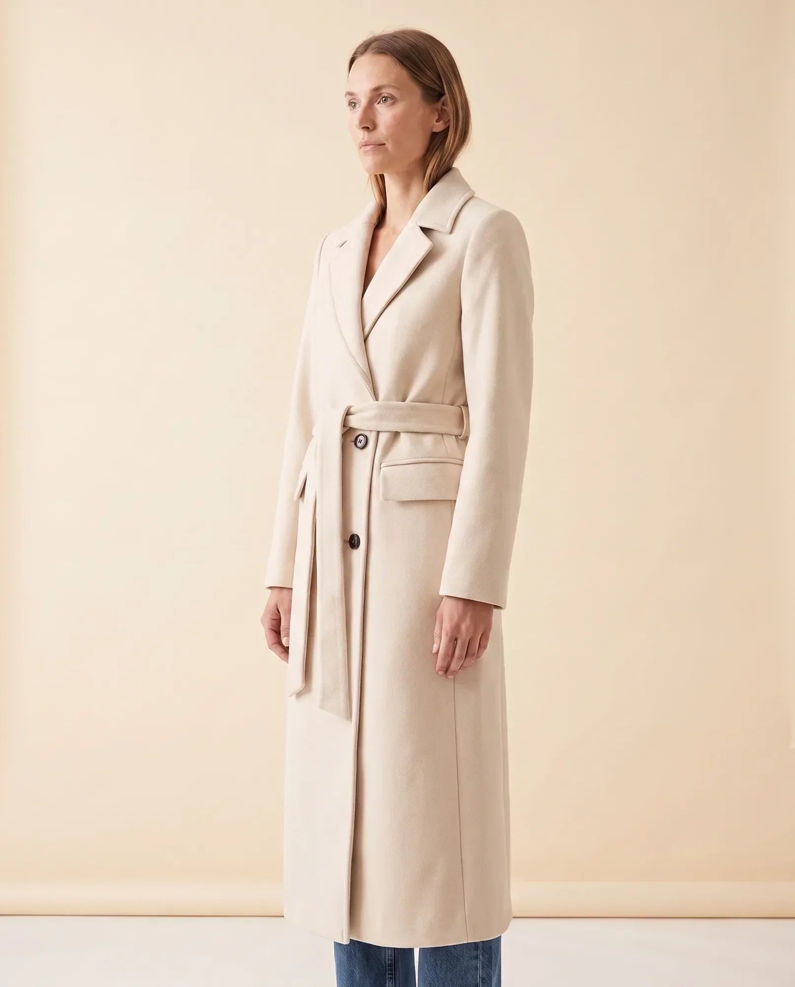 Women's Long Belted Double-Breasted Coat | Quinn in Cream - Juana Fashion