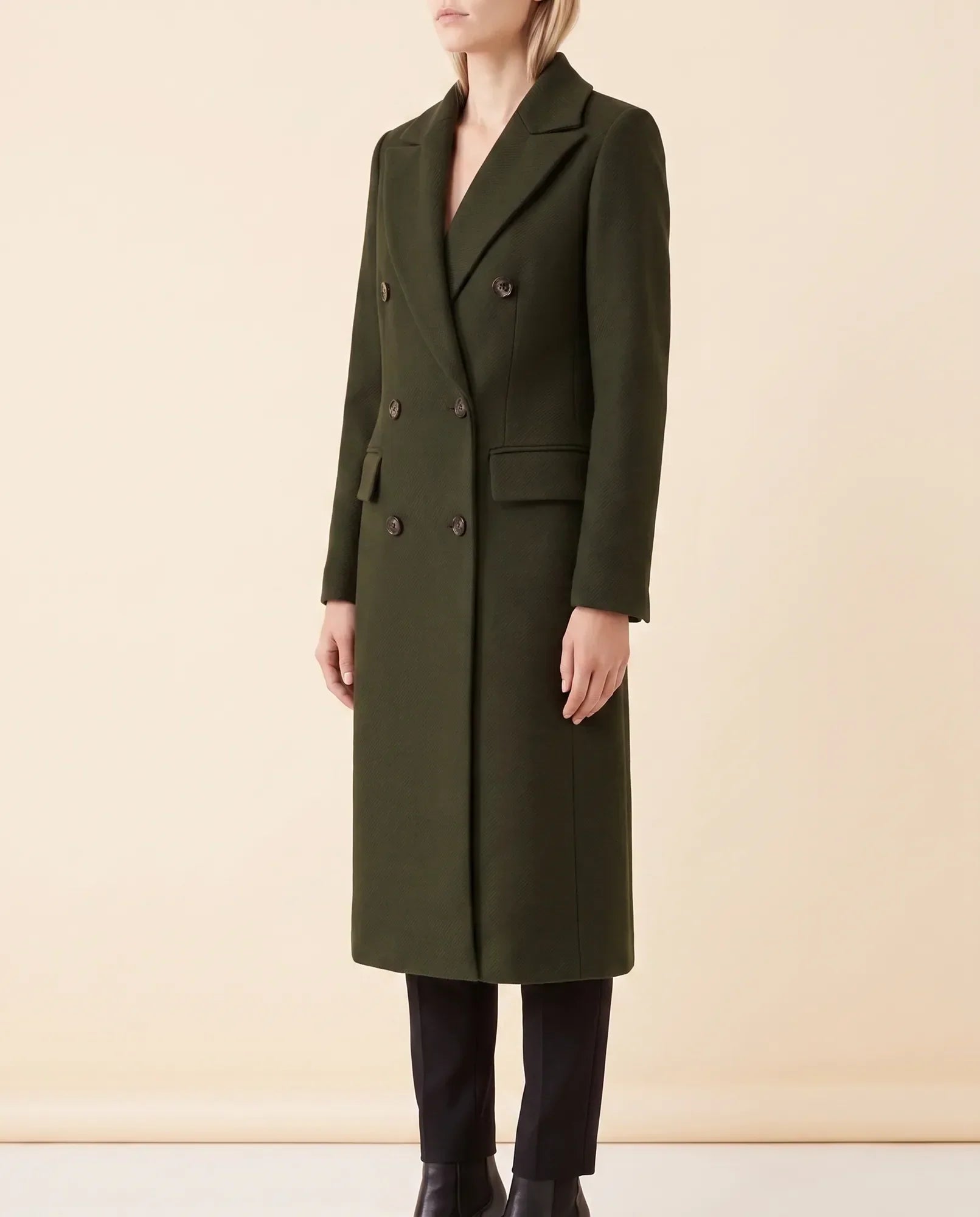 Women's Long Tailored Double-Breasted Coat | Rhea in Army Green - Juana Fashion