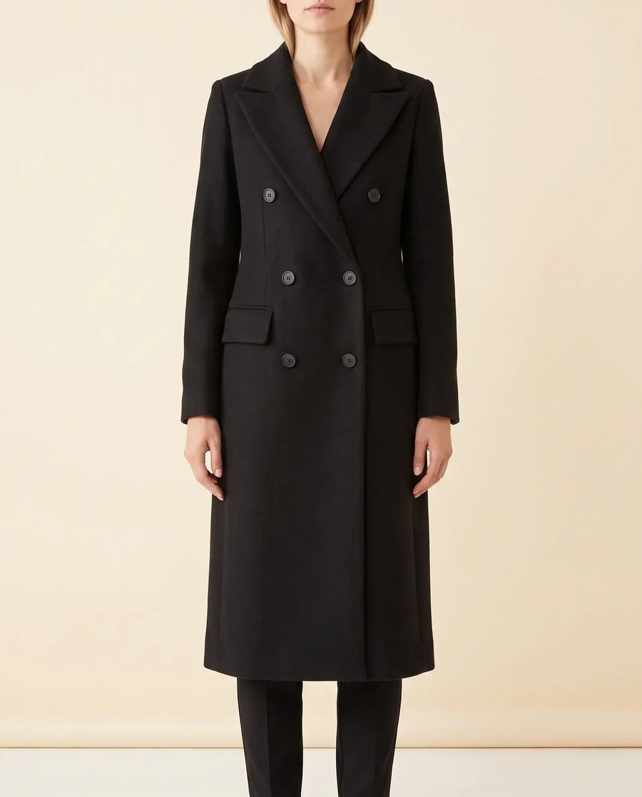 Women's Long Tailored Double-Breasted Coat | Rhea in Black - Juana Fashion