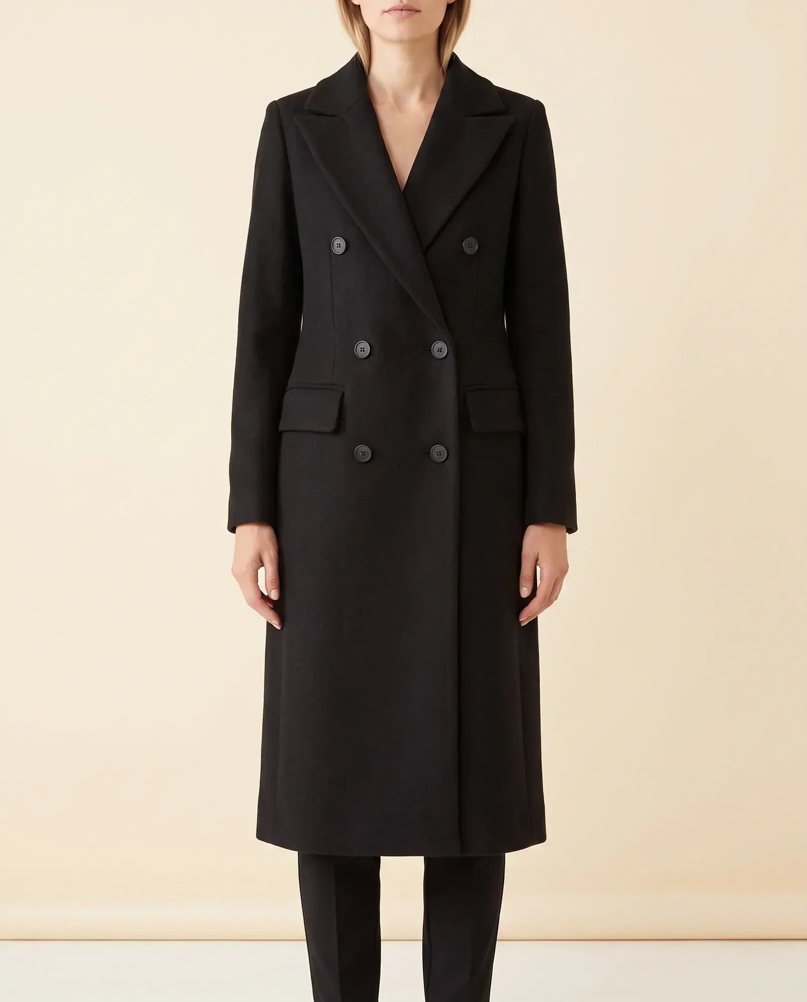 Women's Long Tailored Double-Breasted Coat | Rhea in Black - Juana Fashion