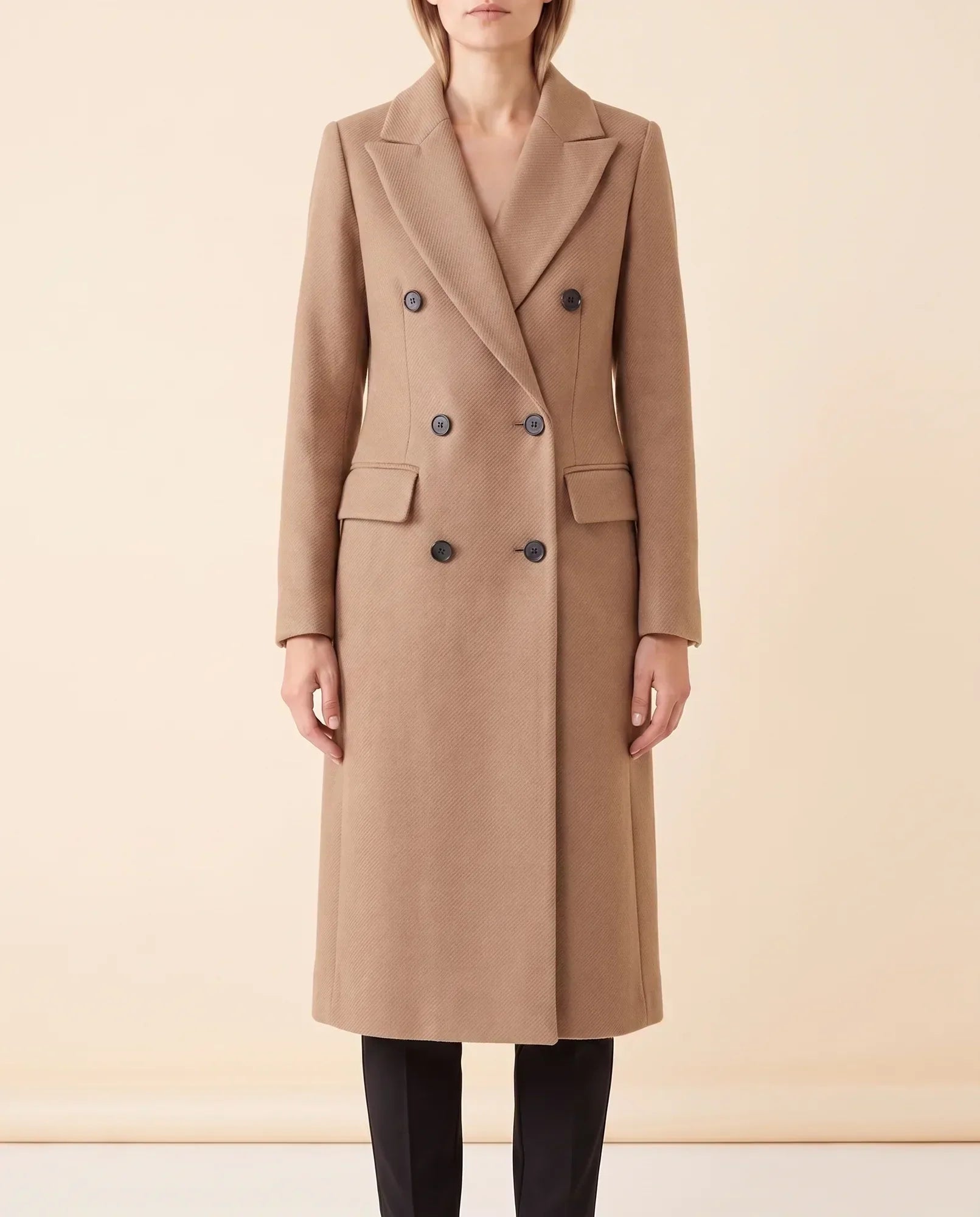 Women's Long Tailored Double-Breasted Coat | Rhea in Black - Juana Fashion