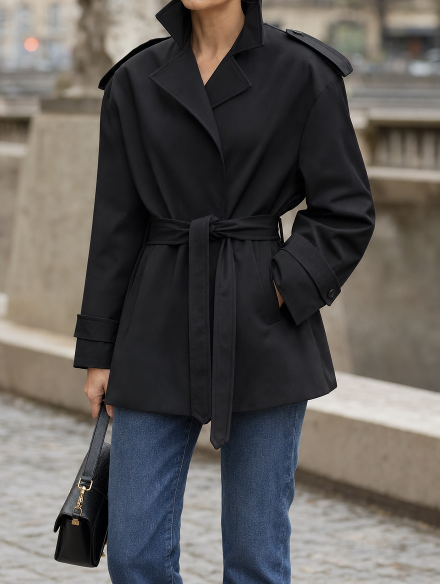 Women's Short Tie-Belt Trench Coat | Ashcombe in Black - Juana Fashion
