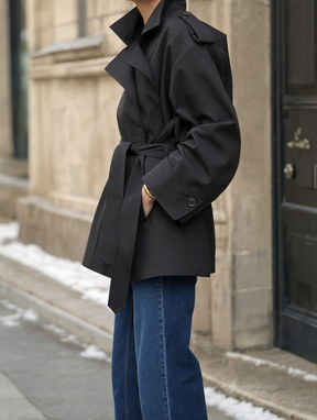Women's Short Tie-Belt Trench Coat | Ashcombe in Black - Juana Fashion