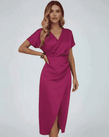 Women's Short-Sleeve Wrap Midi Wedding Guest Dress | Athena in Hot Pink