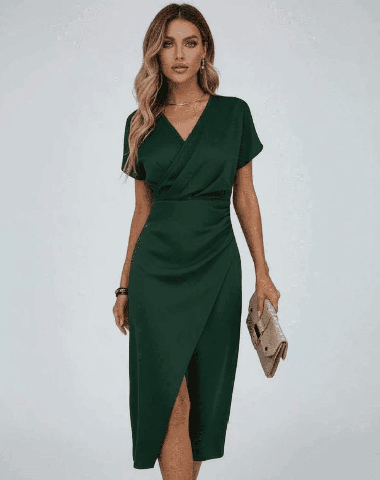 Women's Short-Sleeve Wrap Midi Wedding Guest Dress | Athena in Green