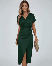 Women's Short-Sleeve Wrap Midi Wedding Guest Dress | Athena in Green