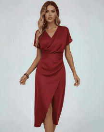 Women's Short-Sleeve Wrap Midi Wedding Guest Dress | Athena in Red