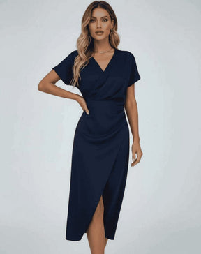 Women's Short-Sleeve Wrap Midi Wedding Guest Dress | Athena in Navy