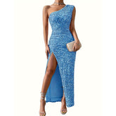 Women's One-Shoulder Sequin Cocktail Dress with Slit | Barbara in Blue Sky