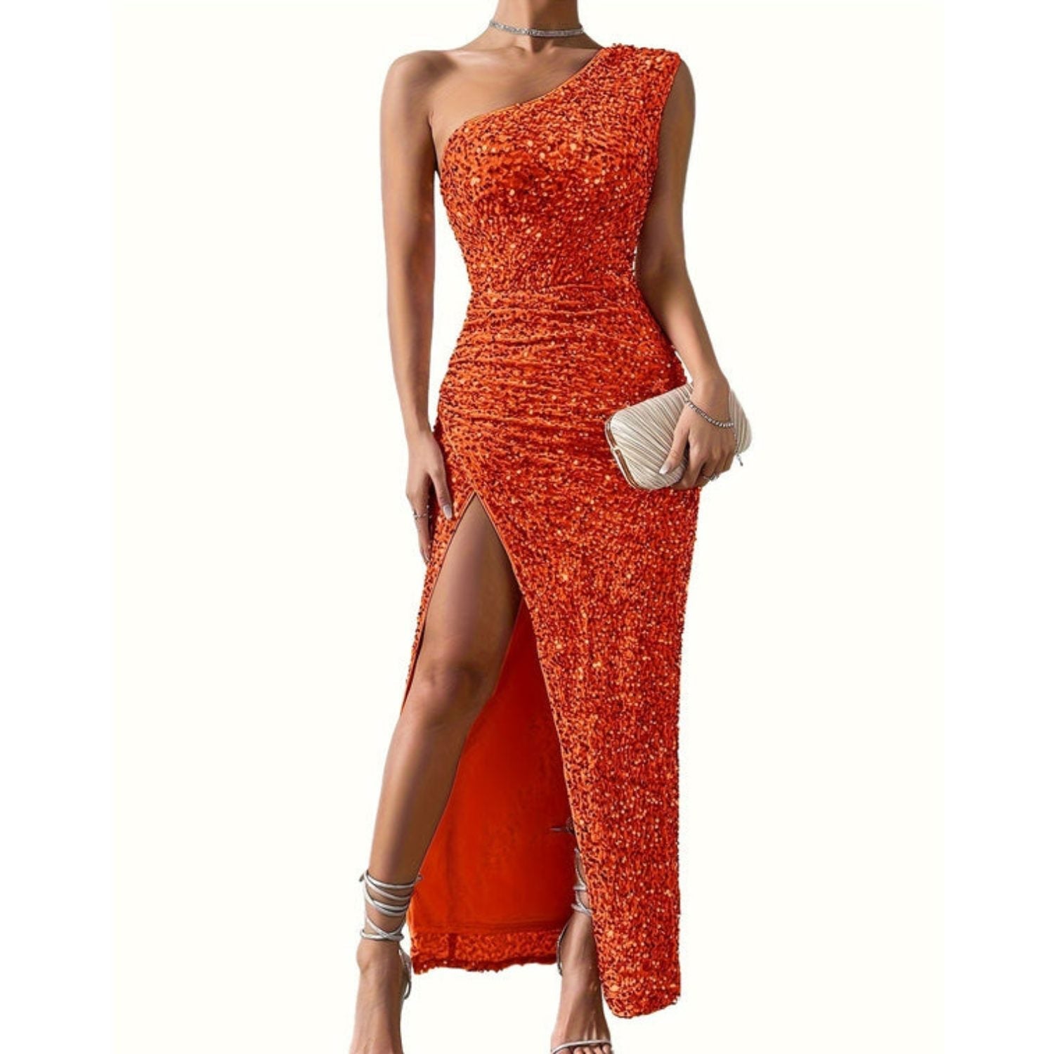 Women's One-Shoulder Sequin Cocktail Dress with Slit | Barbara in Orange