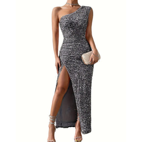 Women's One-Shoulder Sequin Cocktail Dress with Slit | Barbara in Gray