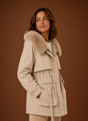 Women's Parka with Faux Fur-Trimmed Hood | Aurora in Beige - Juana Fashion