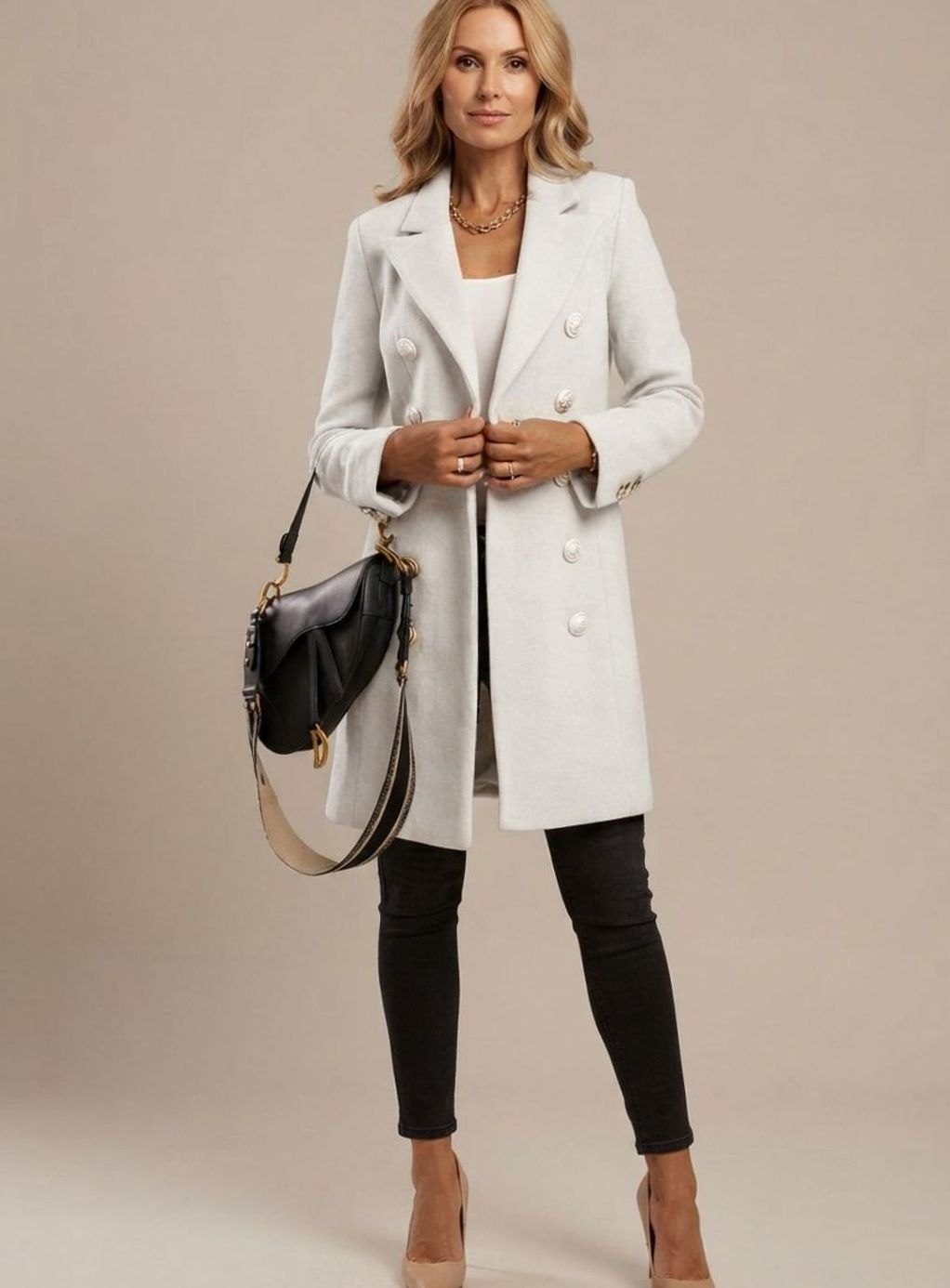 Women's Long Fitted Double-Breasted Coat | Amelie in Gray - Juana Fashion