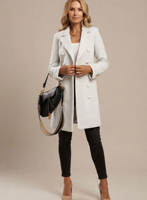 Women's Long Fitted Double-Breasted Coat | Amelie in Gray - Juana Fashion