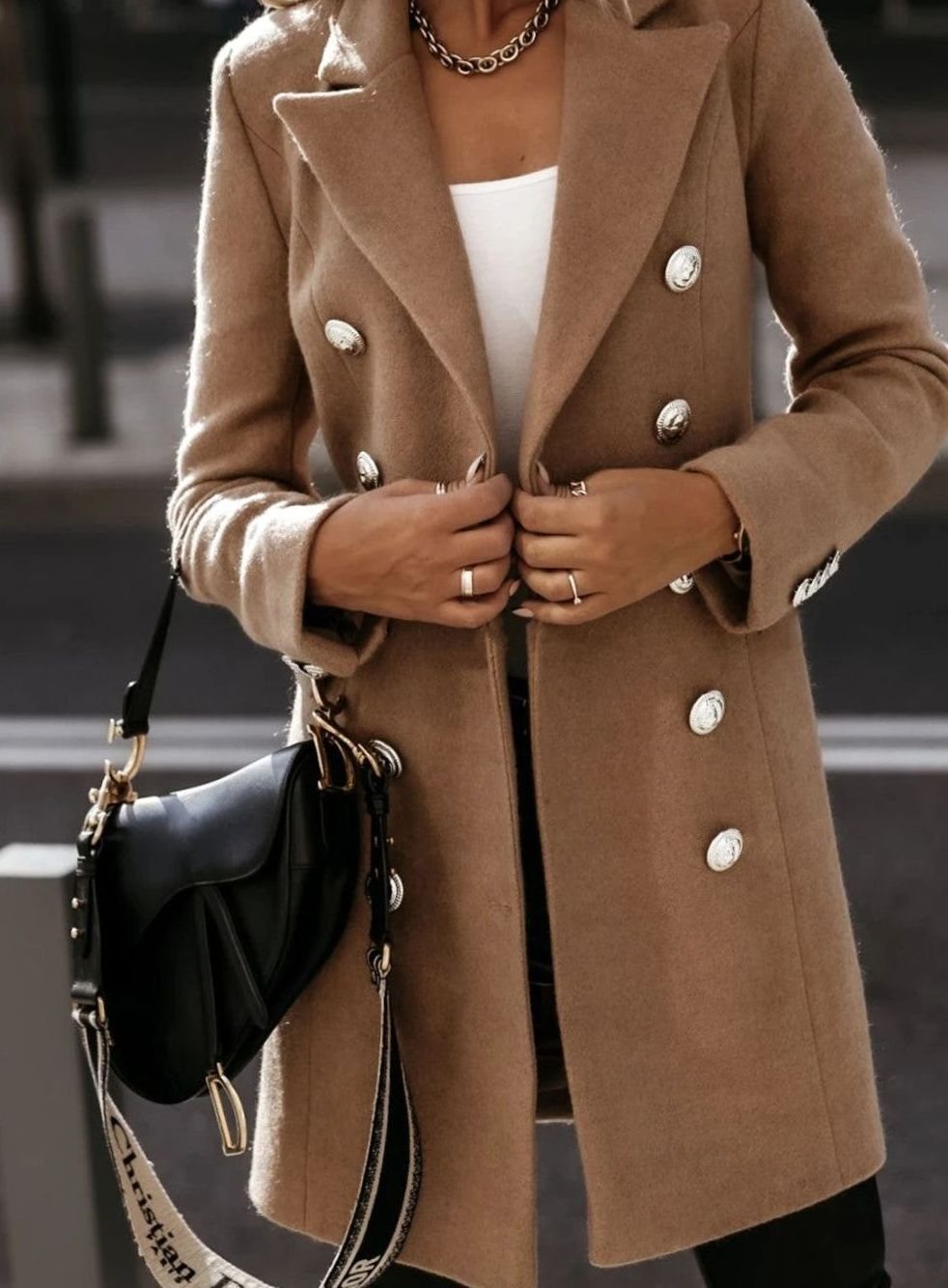Women's Long Fitted Double-Breasted Coat | Amelie in Gray - Juana Fashion