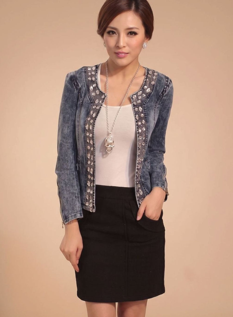 Women's Cropped Denim Jacket with Rhinestones | Lena in Blue - Juana Fashion