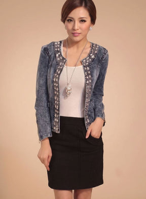 Women's Cropped Denim Jacket with Rhinestones | Lena in Blue - Juana Fashion
