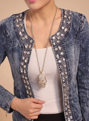 Women's Cropped Denim Jacket with Rhinestones | Lena in Blue - Juana Fashion