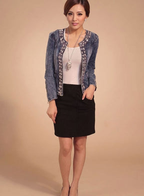 Women's Cropped Denim Jacket with Rhinestones | Lena in Blue - Juana Fashion