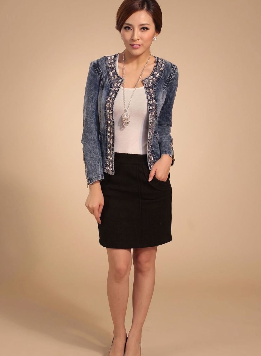Women's Cropped Denim Jacket with Rhinestones | Lena in Blue - Juana Fashion
