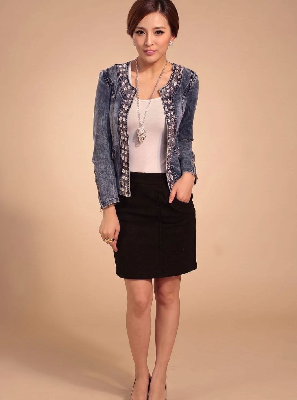 Women's Cropped Denim Jacket with Rhinestones | Lena in Blue - Juana Fashion