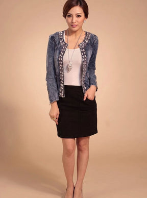 Women's Cropped Denim Jacket with Rhinestones | Lena in Blue - Juana Fashion