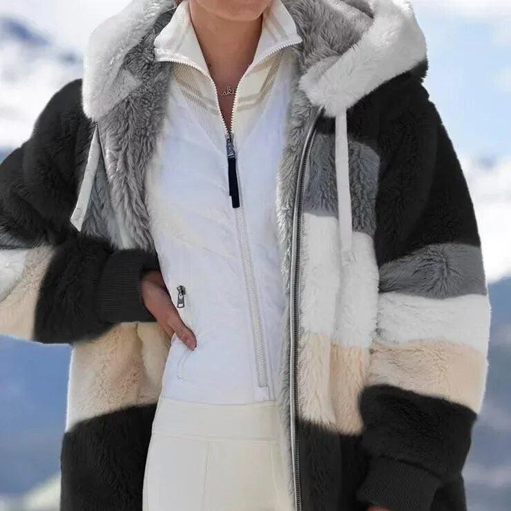 Women's Colorblock Hooded Winter Jacket | Franziska in Blue Stripe - Juana Fashion