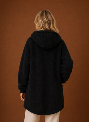 Women's Long Hooded Fleece Winter Jacket | Martina in Black - Juana Fashion
