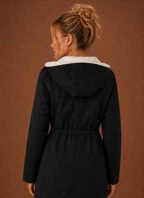 Women's Long Hooded Parka with Fleece Lining | Eleonora in Black - Juana Fashion