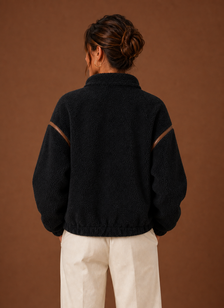 Women's Sherpa Fleece Zip-Up Jacket | Isabella in Black - Juana Fashion