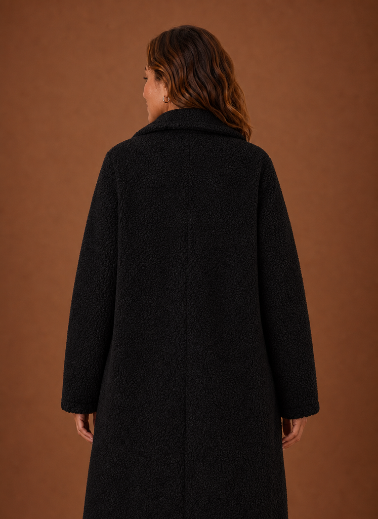 Women's Long Double-Breasted Teddy Winter Coat | Lucrezia in Black - Juana Fashion