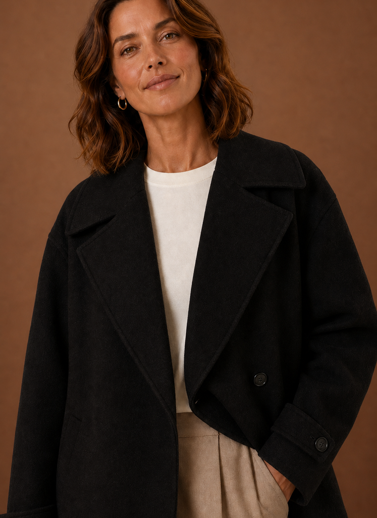 Women's Long Relaxed Button-Front Coat | Cecilia in Black - Juana Fashion