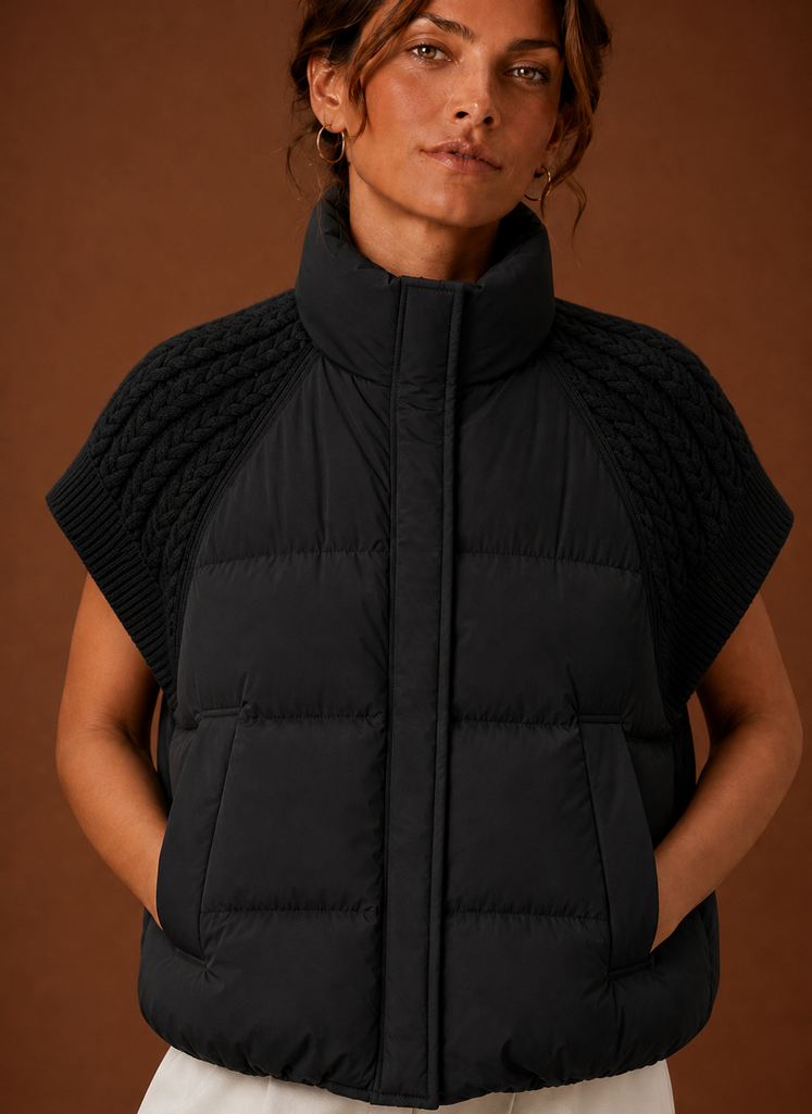 Women's Quilted Vest with Knit Shoulder Panels | Laura in Chocolate Brown - Juana Fashion