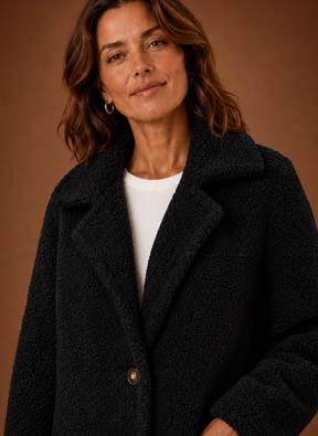 Women's Long Double-Breasted Teddy Winter Coat | Lucrezia in Black - Juana Fashion