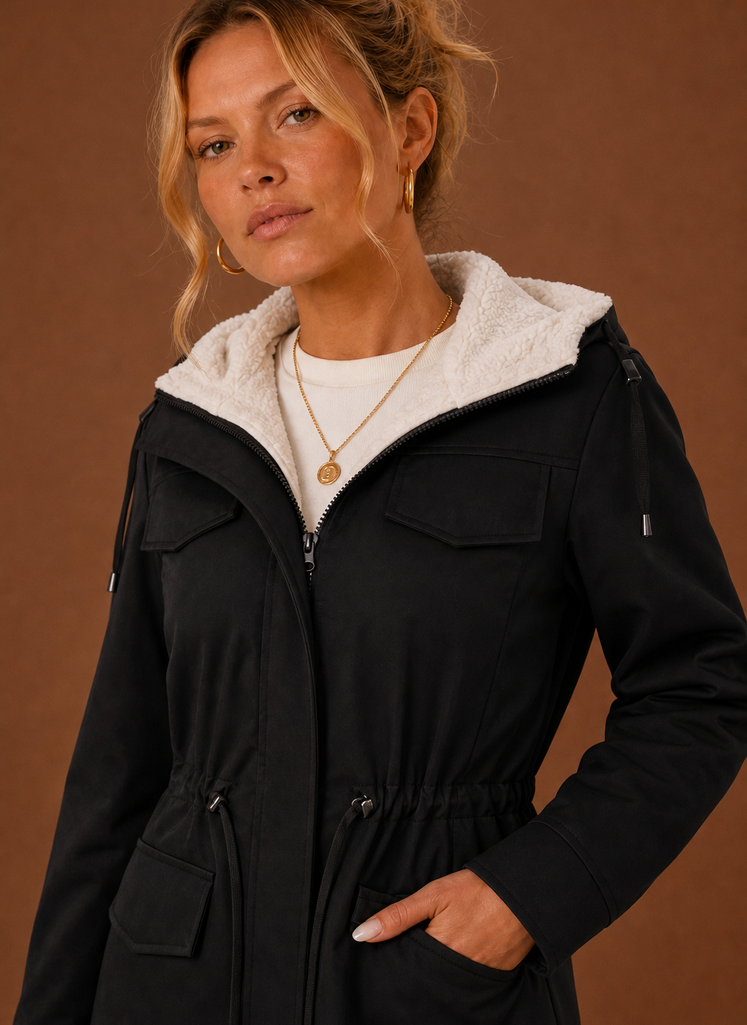 Women's Long Hooded Parka with Fleece Lining | Eleonora in Black - Juana Fashion