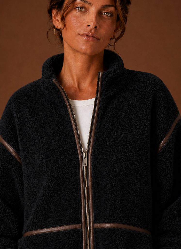 Women's Sherpa Fleece Zip-Up Jacket | Isabella in Brown - Juana Fashion