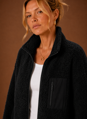 Women's Sherpa Zip-Up Jacket | Natalia in Black - Juana Fashion