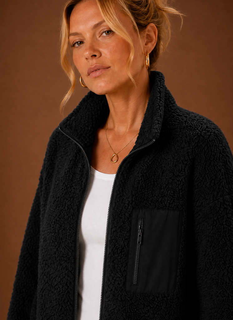 Women's Sherpa Zip-Up Jacket | Natalia in Black - Juana Fashion