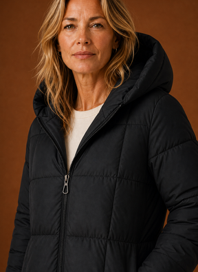 Women's Long Hooded Quilted Winter Jacket | Vittoria in Black - Juana Fashion