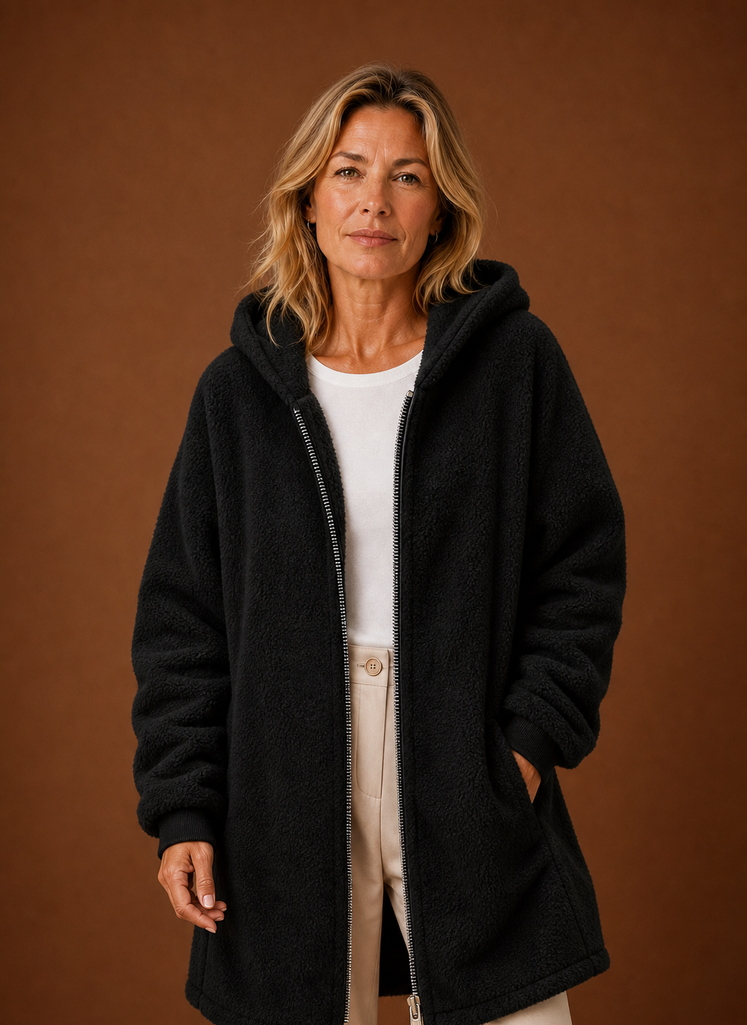 Women's Long Hooded Fleece Winter Jacket | Martina in Black - Juana Fashion