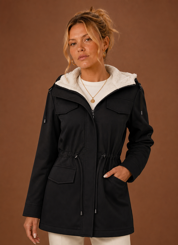 Women's Long Hooded Parka with Fleece Lining | Eleonora in Black - Juana Fashion